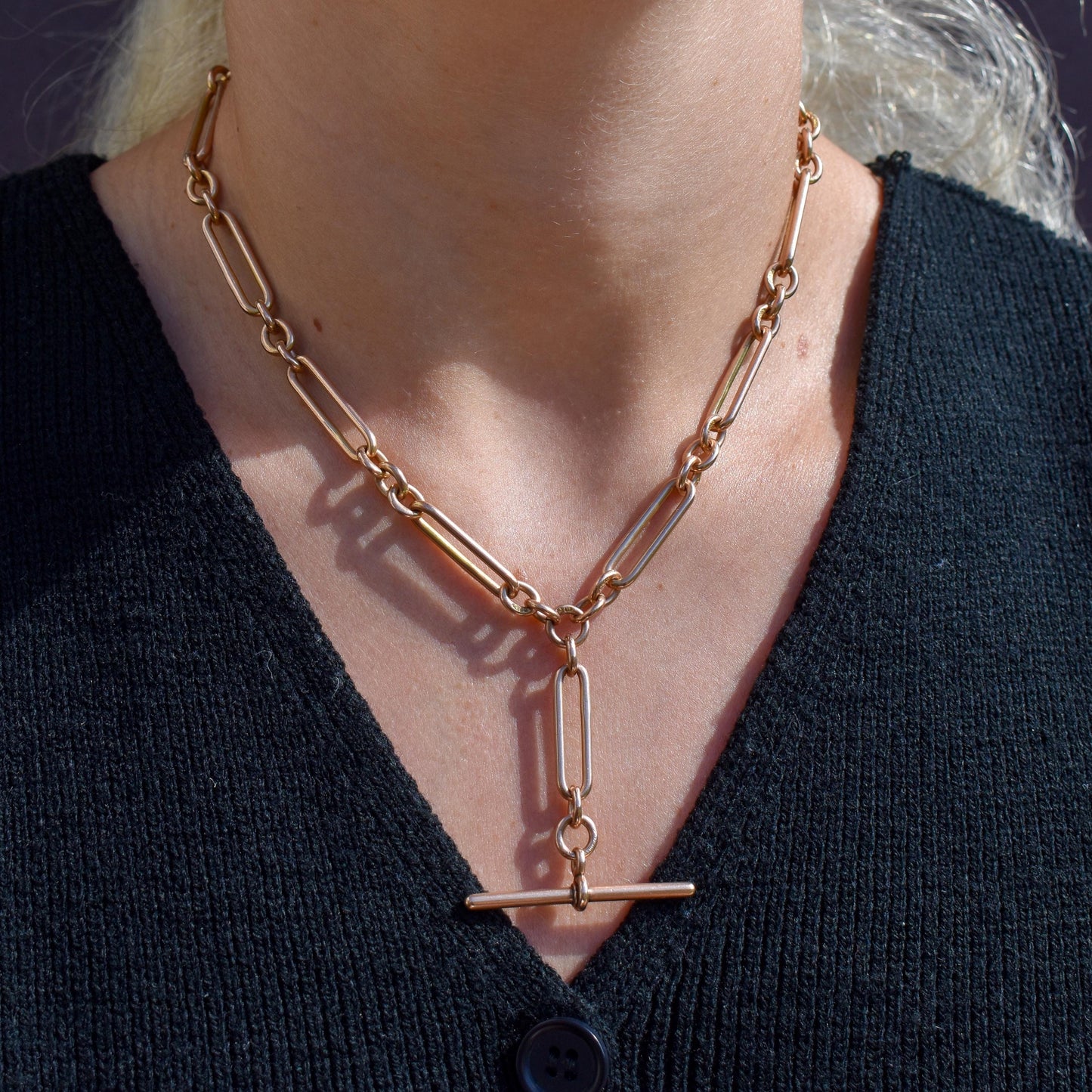 Antique Birmingham '1921' 9ct Gold Trombone Link Albert Chain Necklace | 16"