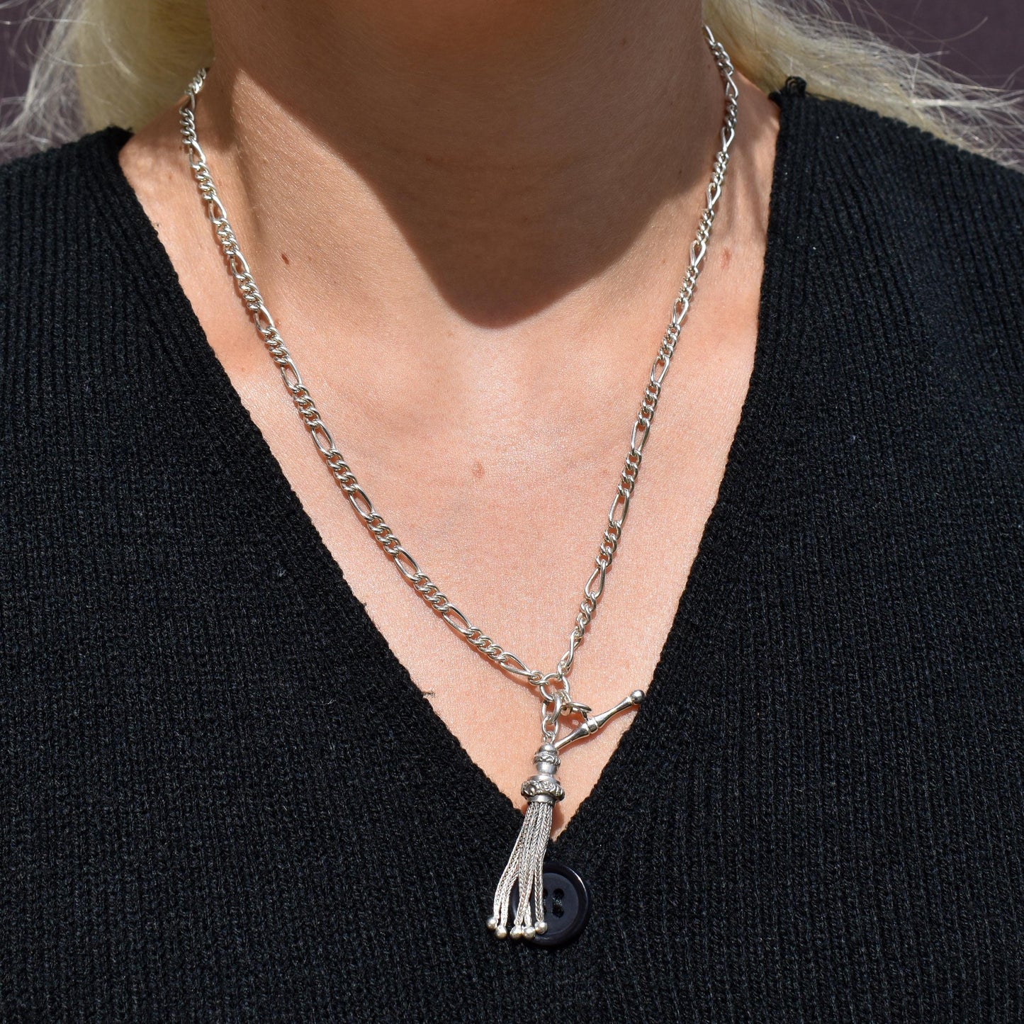 Vintage Sterling Silver Figaro Albert Chain Necklace with Dog Clip, T Bar & Tassel | 18"