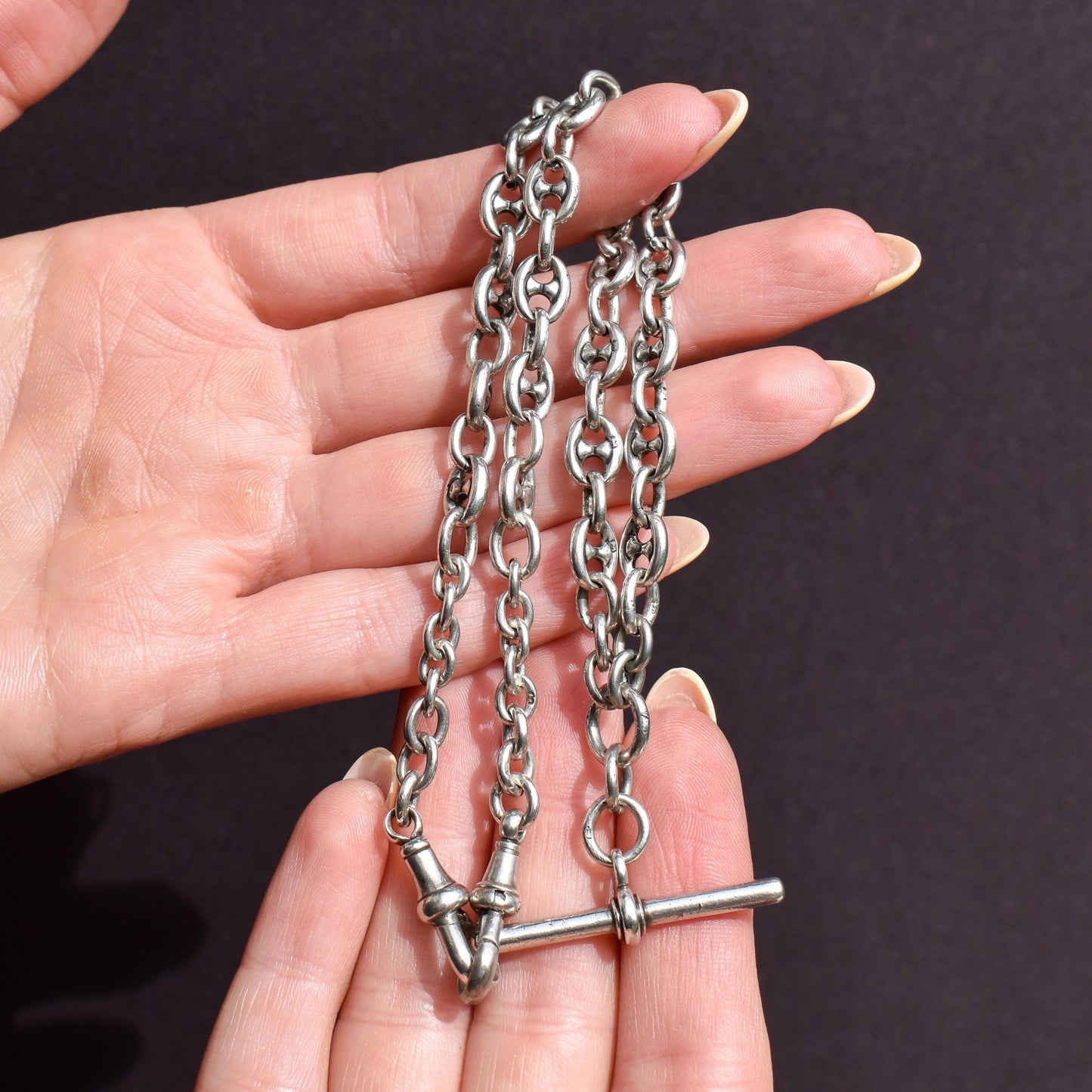 Antique 16.25" Sterling Silver Mariner Anchor Link Watch Chain Necklace