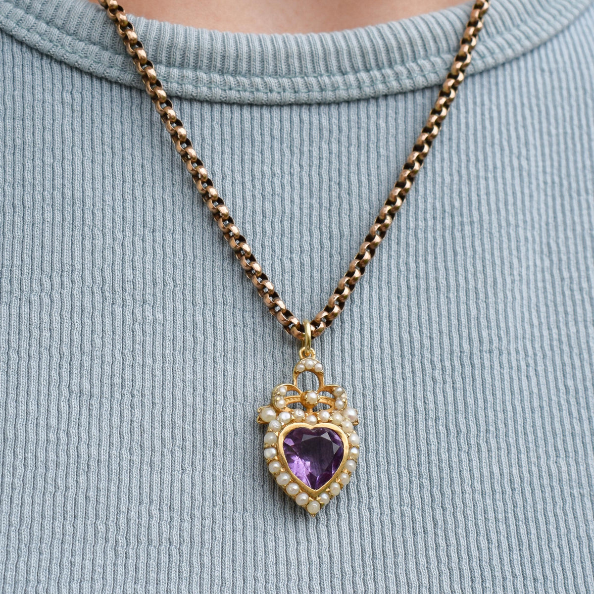 Vintage Amethyst and Pearl Heart Gold on Silver Charm Pendant