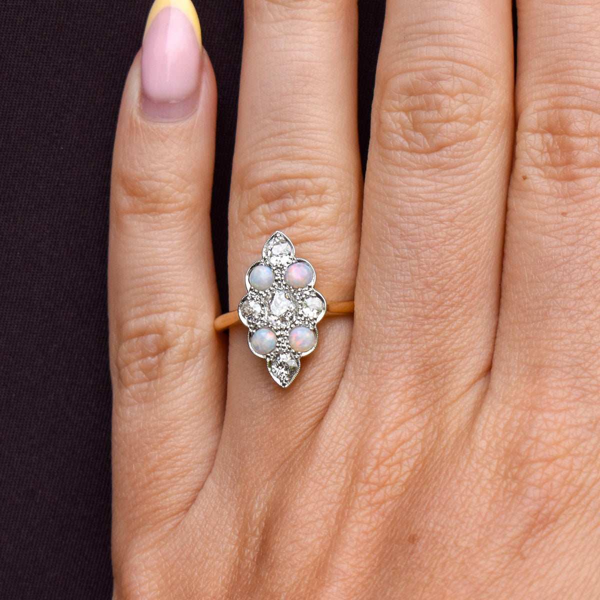 Antique Edwardian 0.78ct Old Cut Diamond and Opal Navette Cluster 18ct Gold Ring
