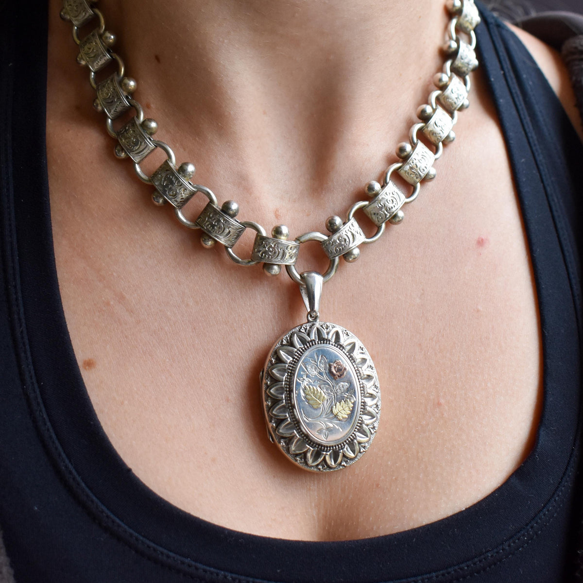 Antique Victorian Silver and Gold Oval Floral Photo Locket Pendant