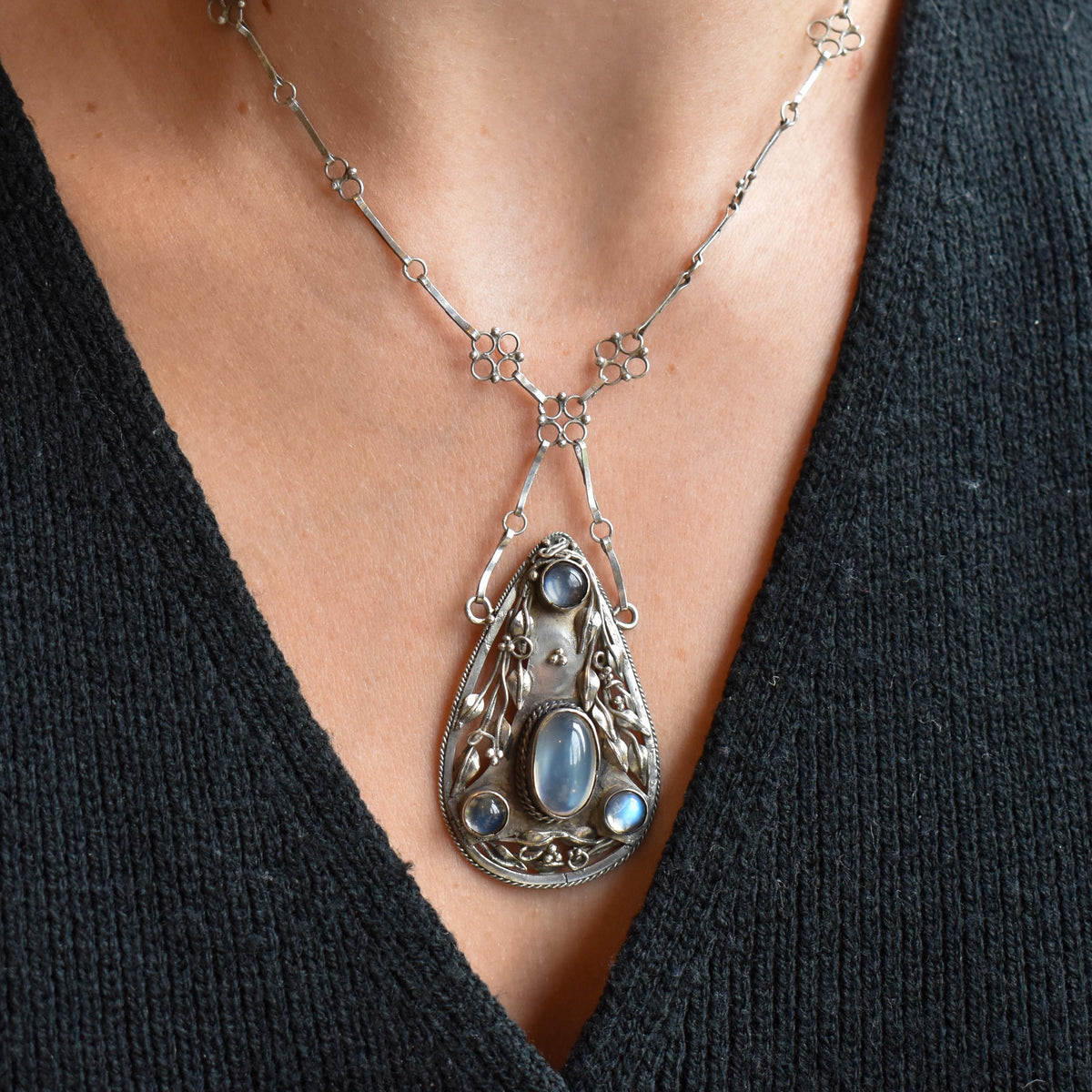 Antique Arts and Crafts Moonstone Sterling Silver Drop Pendant Necklace