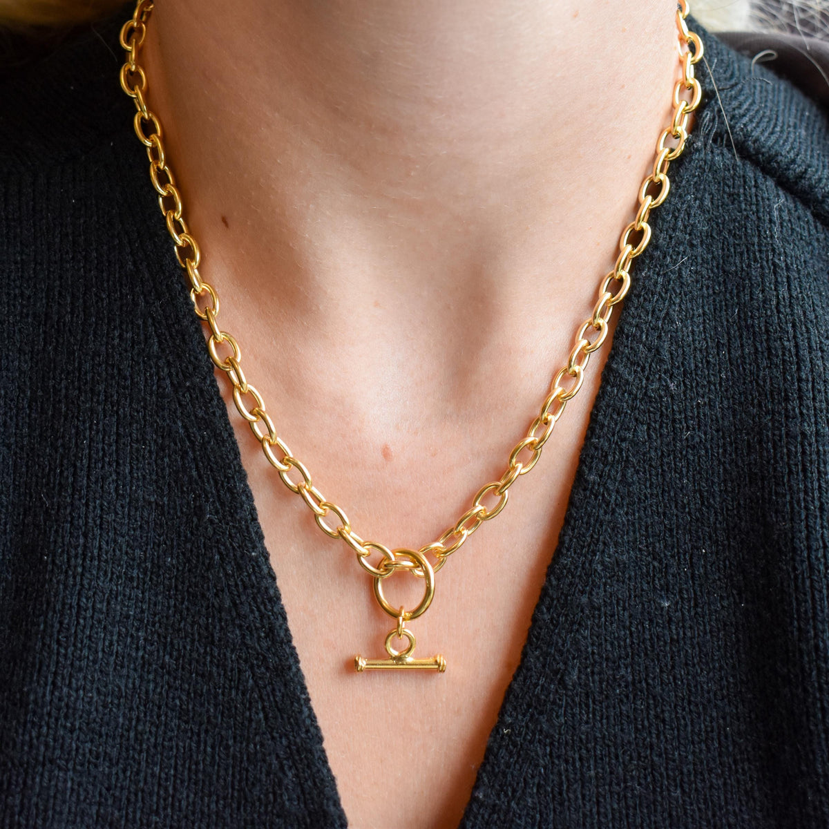 Vintage 18ct Gold on Silver Cable Link Watch Chain Necklace with T-Bar and Dog Clips – 16.75"