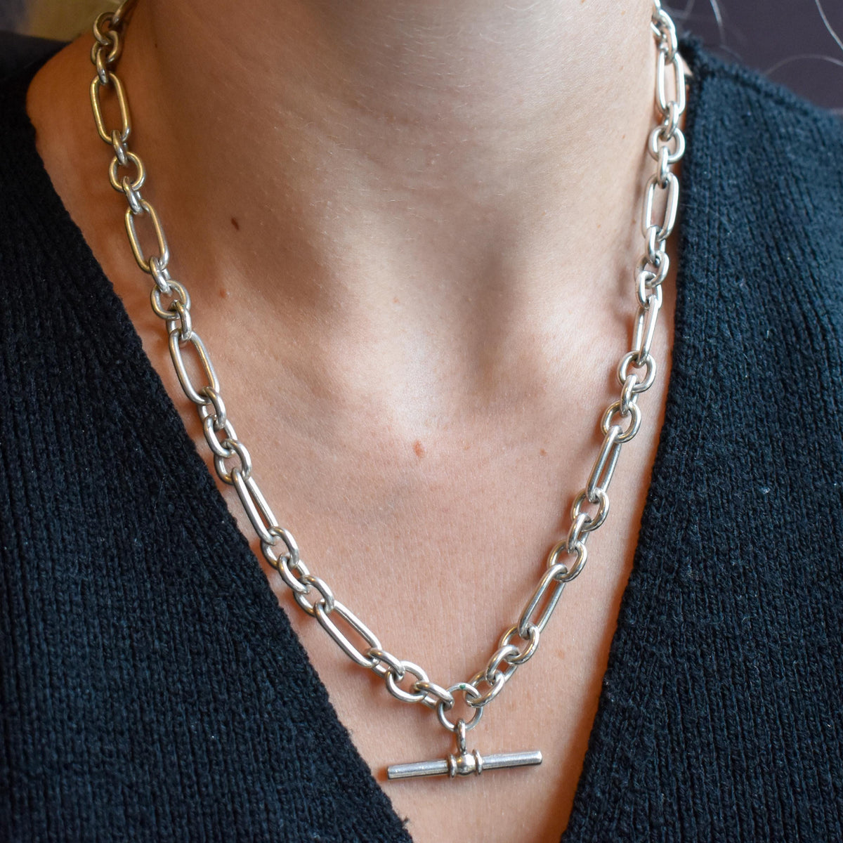 Vintage Sterling Silver Trombone Chain Necklace with a Dog Clip and T-bar | 18.5"