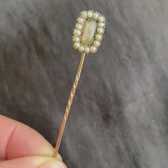 Antique Georgian Mourning Hair Pearl 9ct 9K Gold Stick Pin Brooch