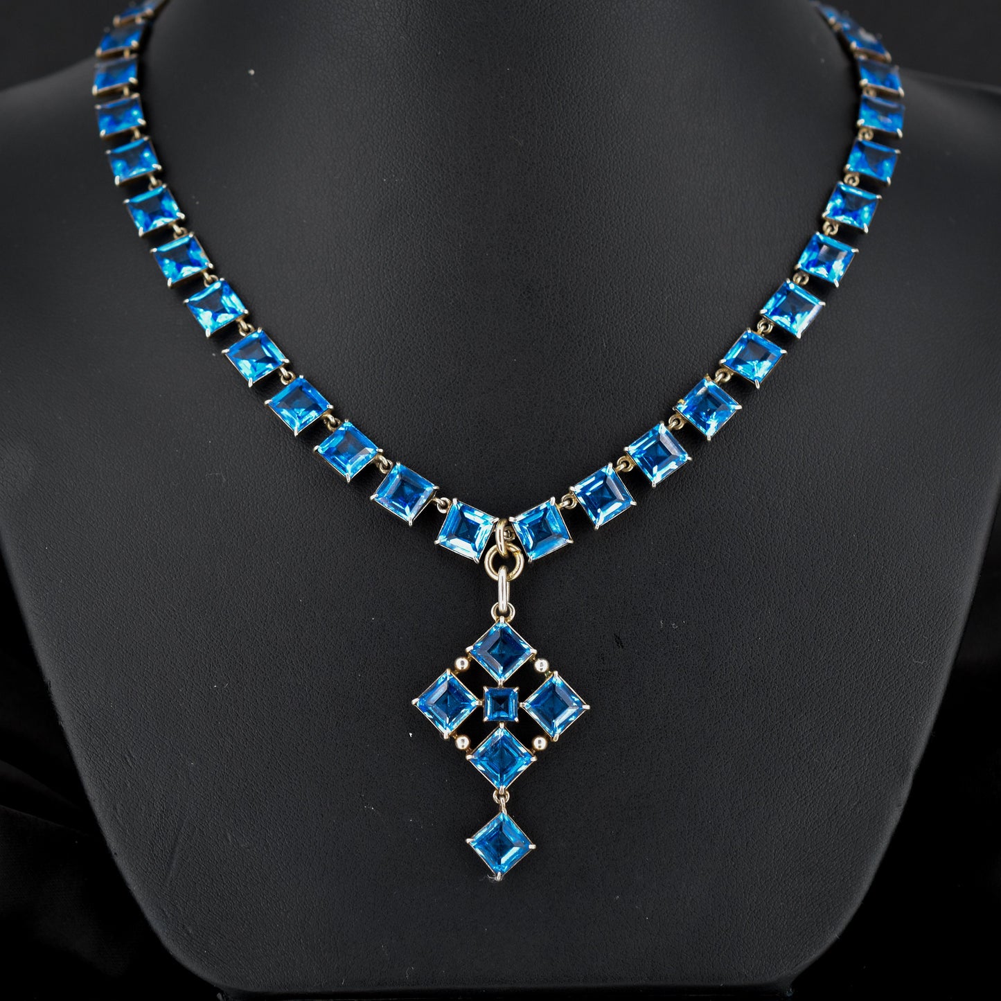 Antique Princess Cut Blue Paste Silver Gilt Riviere Necklace