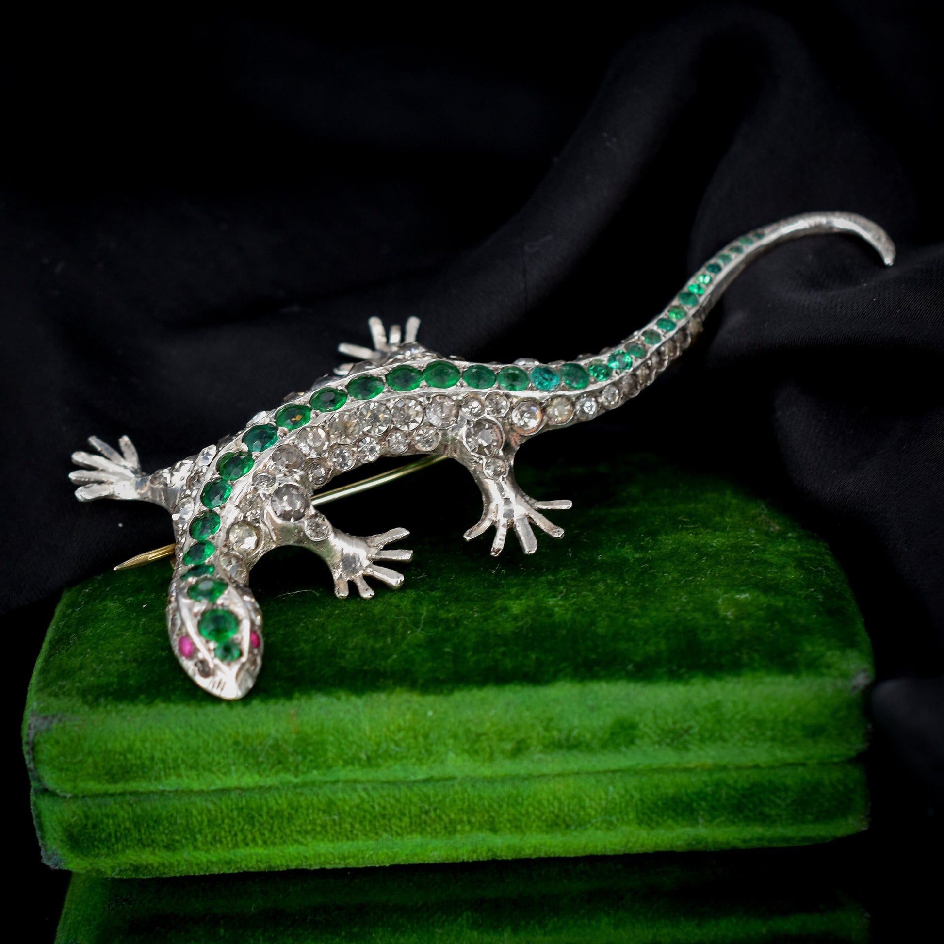 Antique Green Paste Silver Lizard Brooch | Victorian