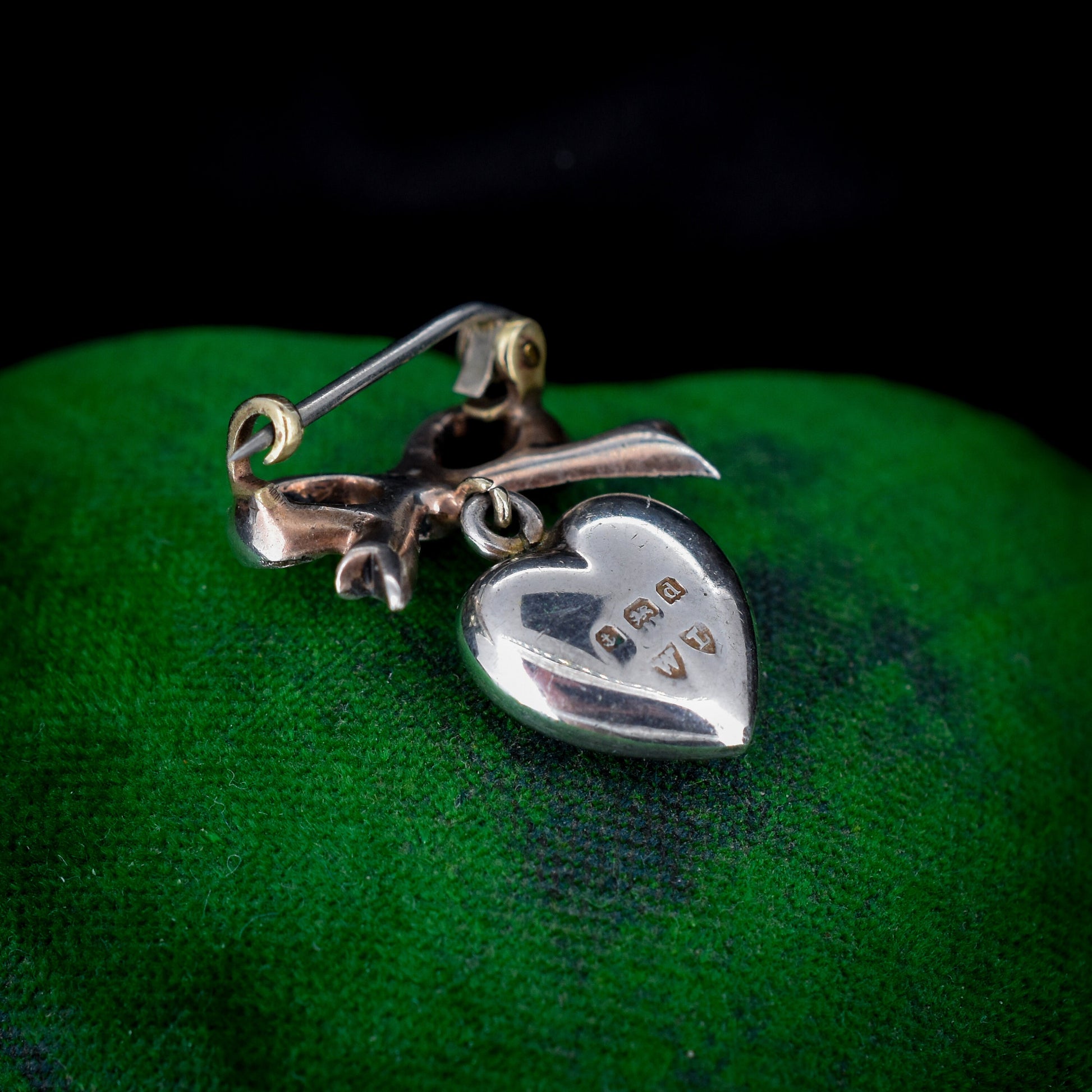 Antique Edwardian Enamel and Paste Silver Heart and Bow Brooch Pin | Dated 1903