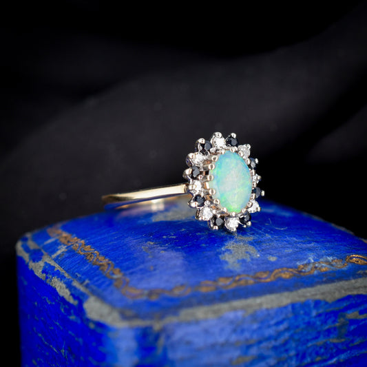 Vintage Opal Diamond and Blue Sapphire Cluster Halo 9ct Yellow Gold Ring