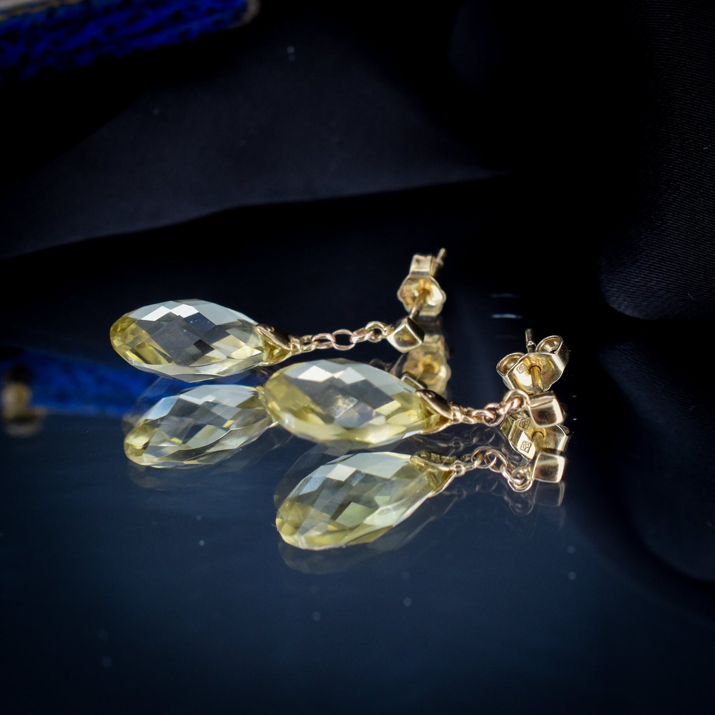 Vintage Faceted Briolette Cut Citrine Drop 9ct Gold Earrings