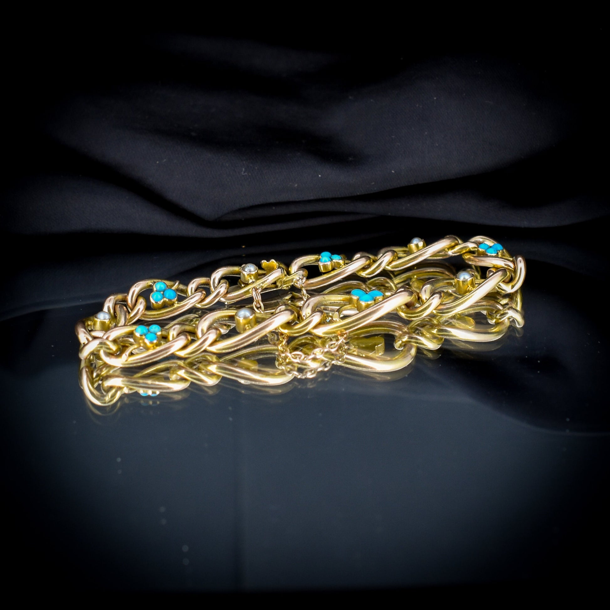 Antique Turquoise 'Forget Me Not' Pearl Gold Bracelet | Edwardian Victorian