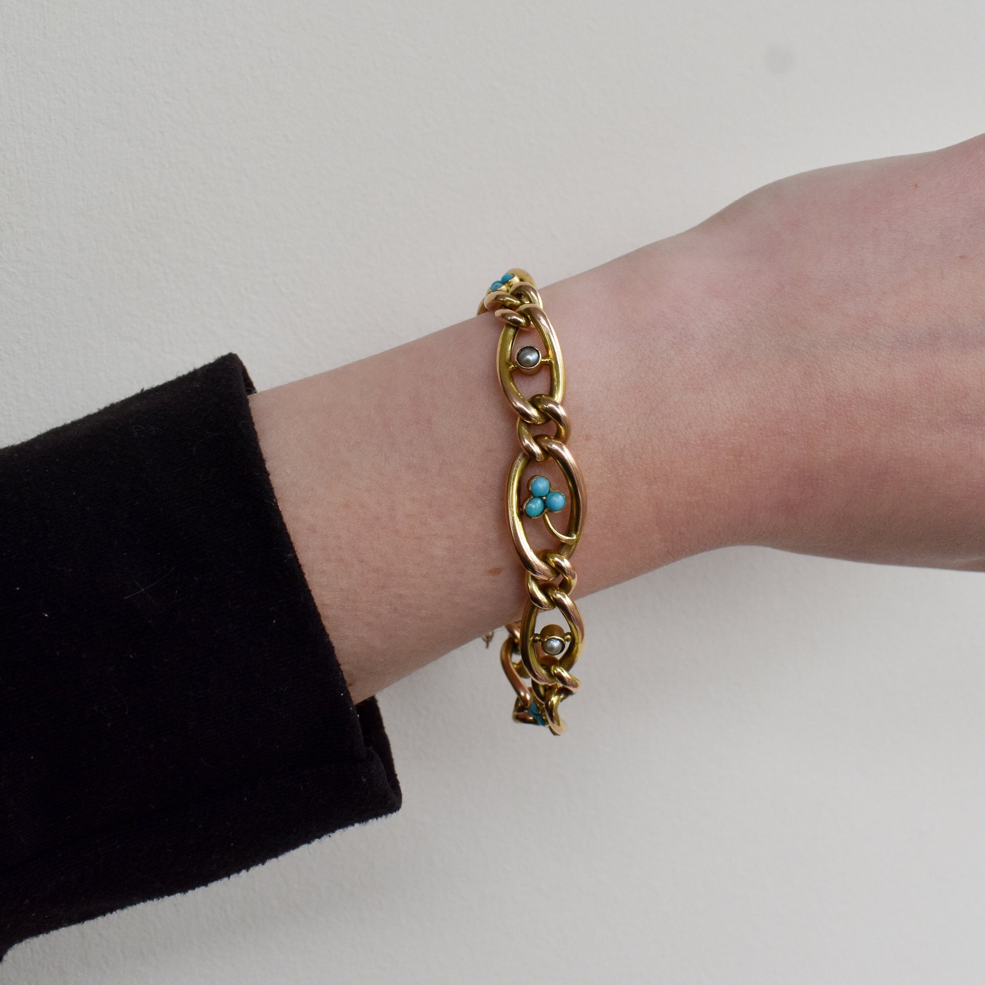 Antique Turquoise 'Forget Me Not' Pearl Gold Bracelet | Edwardian Victorian