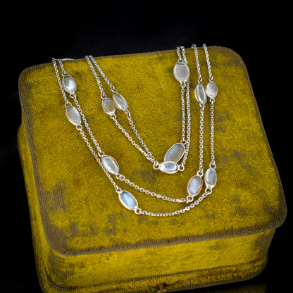 Antique Moonstone Sterling Silver 28" Chain Necklace | Edwardian