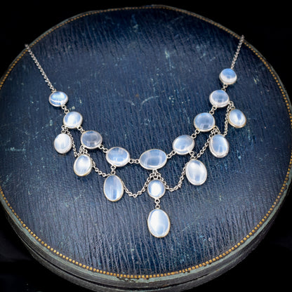 Antique Moonstone Sterling Silver Drop Fringe Festoon Necklace | Edwardian