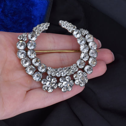 Antique Large Georgian Paste Silver Crescent Moon Brooch Pin
