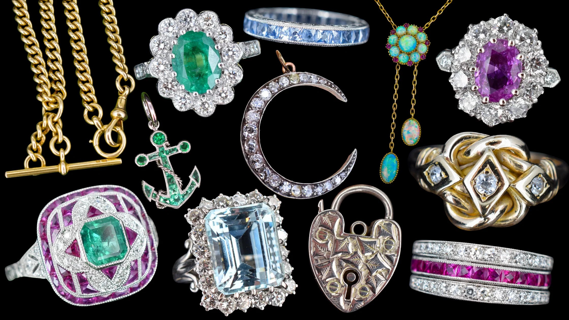 different shaped jewelry on black background