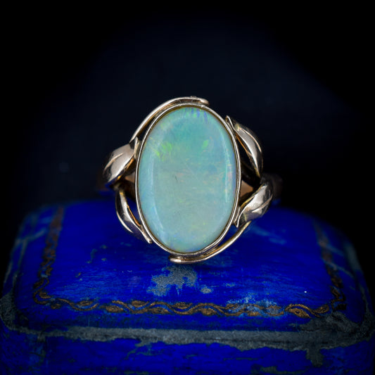 Vintage Colourful Natural Opal Oval Bezel Solitaire 14ct Yellow Gold Ring