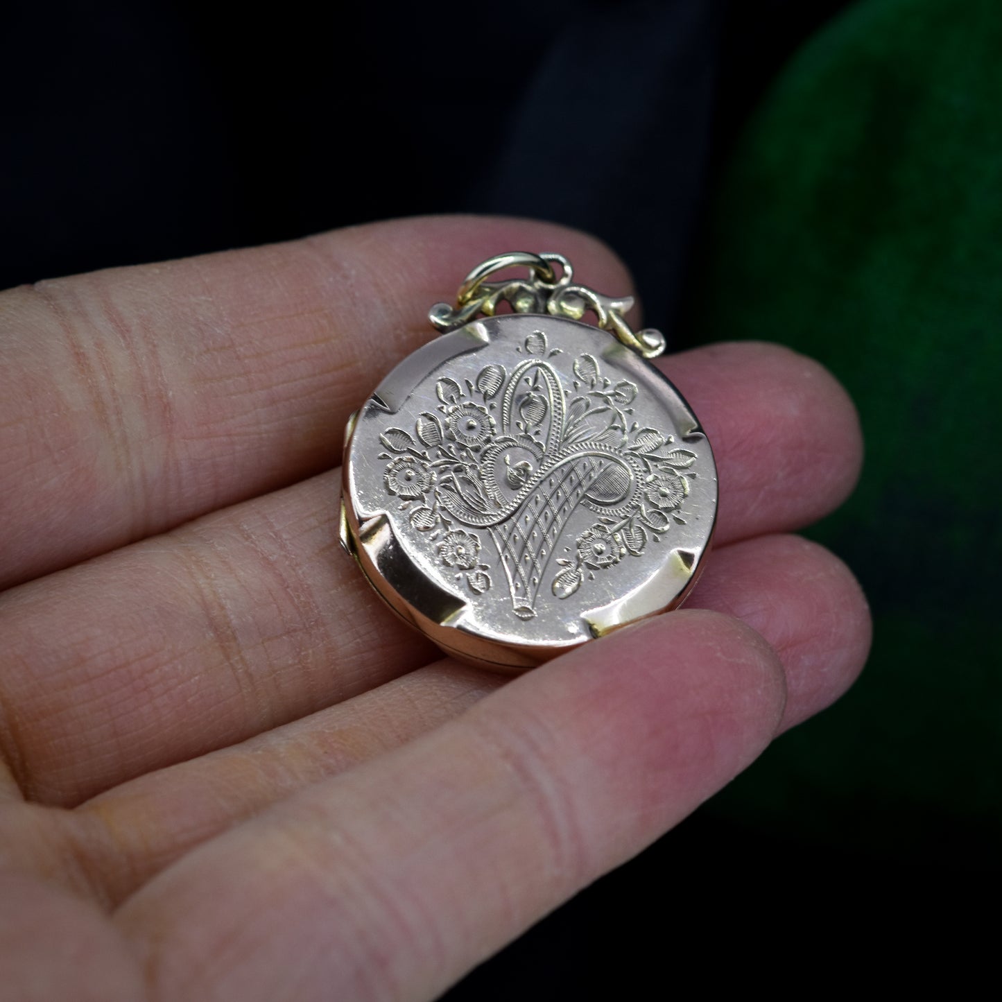 Antique 9ct 9K Gold Engraved Fancy Round Flower Basket and Swallow Bird Locket Pendant - Initialled 'SS' - Lancastrian Jewellers