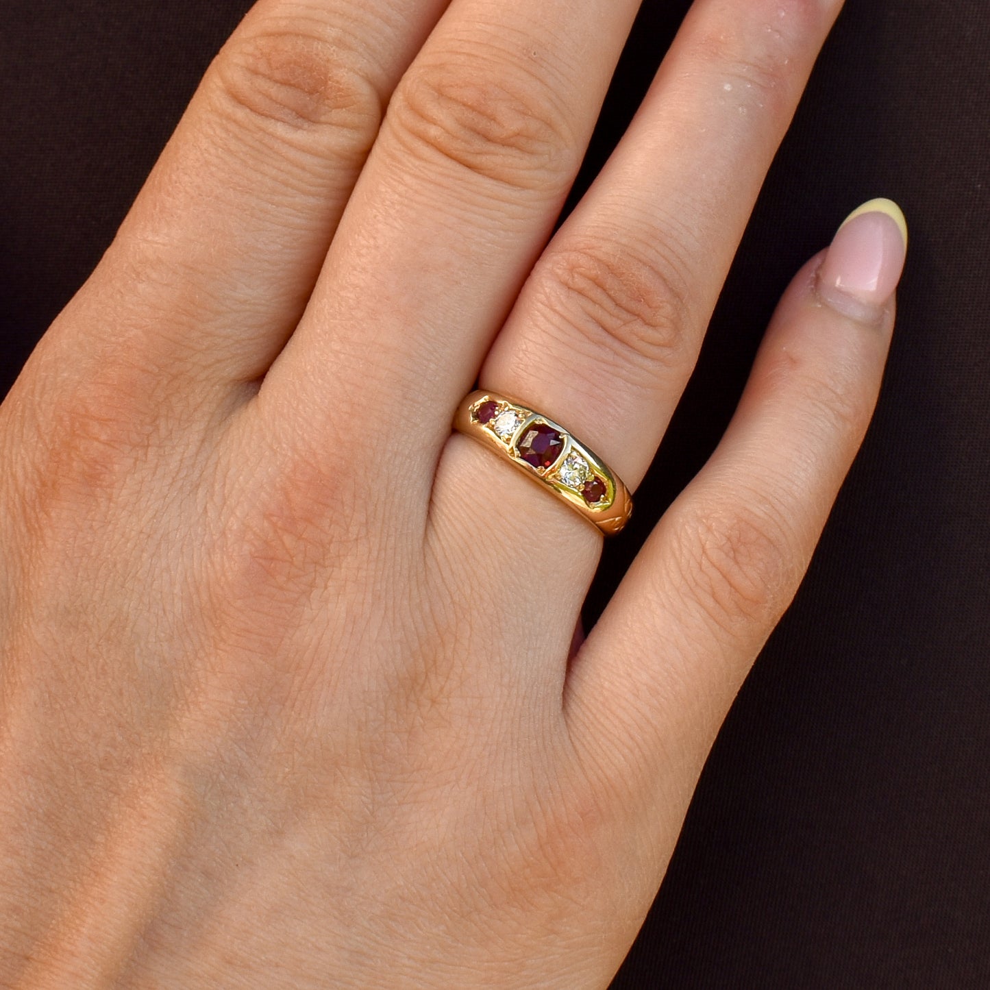 Antique Ruby Garnet and Diamond 18ct Gold Band Ring