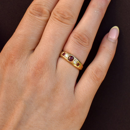 Antique Ruby Garnet and Diamond 18ct Gold Band Ring