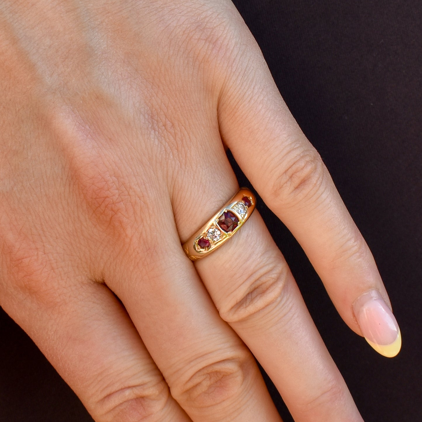 Antique Ruby Garnet and Diamond 18ct Gold Band Ring