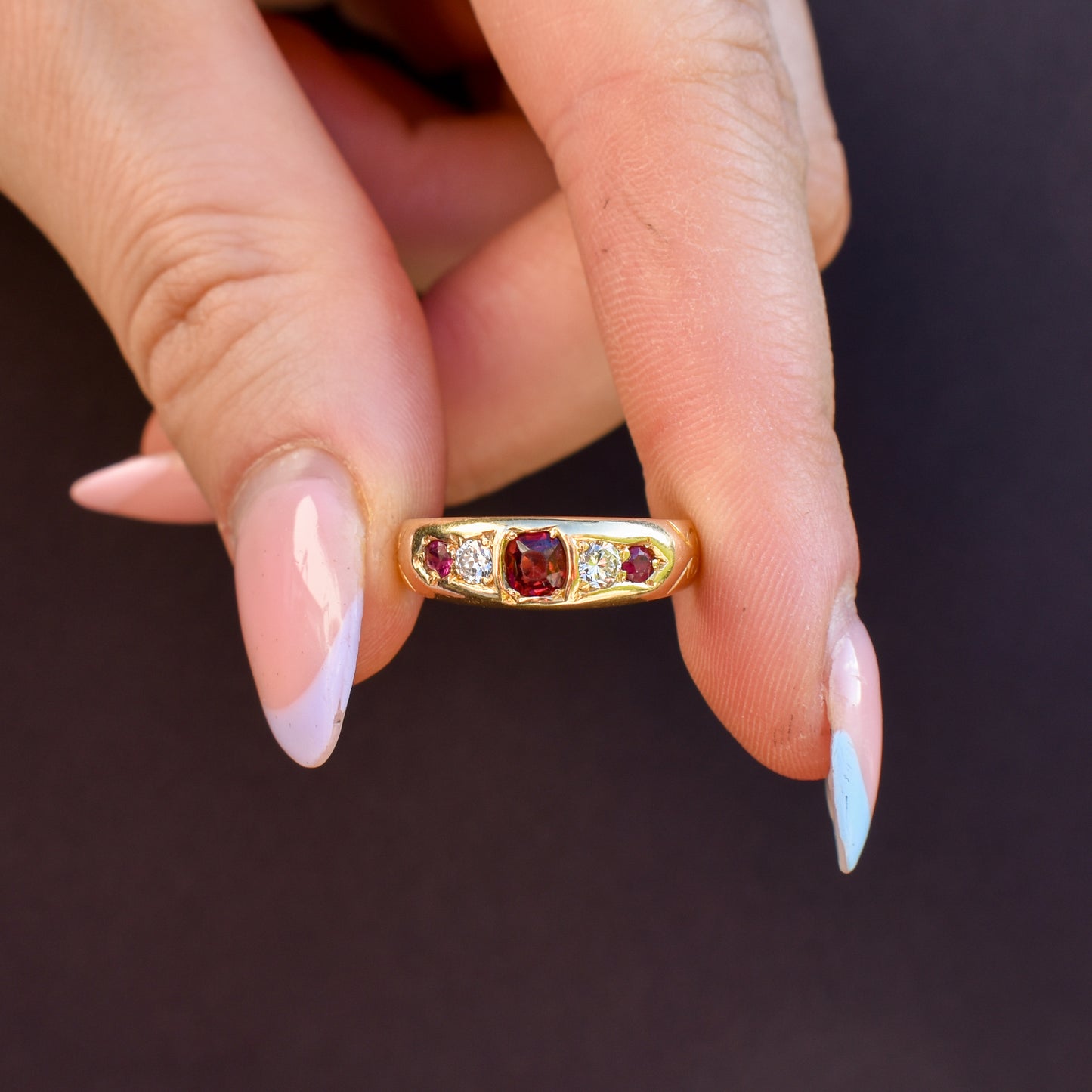 Antique Ruby Garnet and Diamond 18ct Gold Band Ring