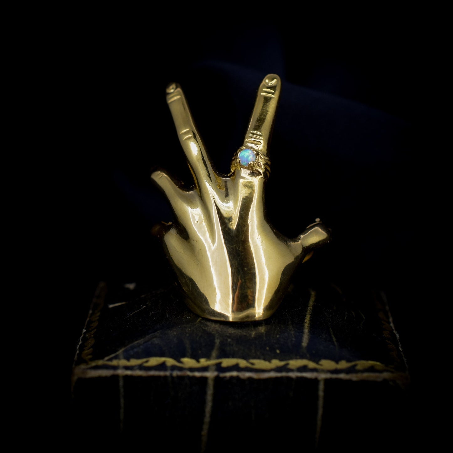 Vintage Style Opal Hand Figural 18ct Yellow Gold on Silver Dress Ring