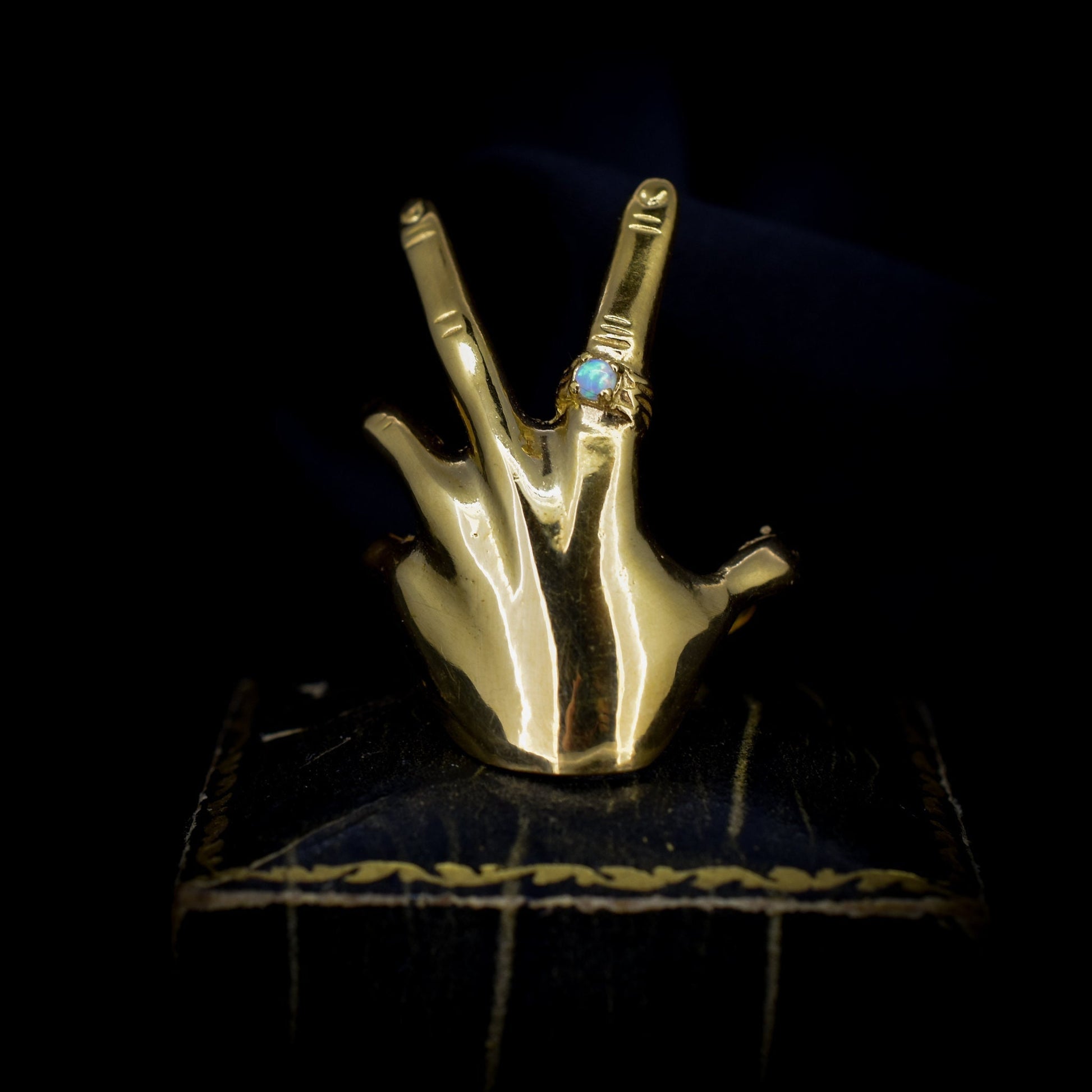 Vintage Style Opal Hand Figural 18ct Yellow Gold on Silver Dress Ring