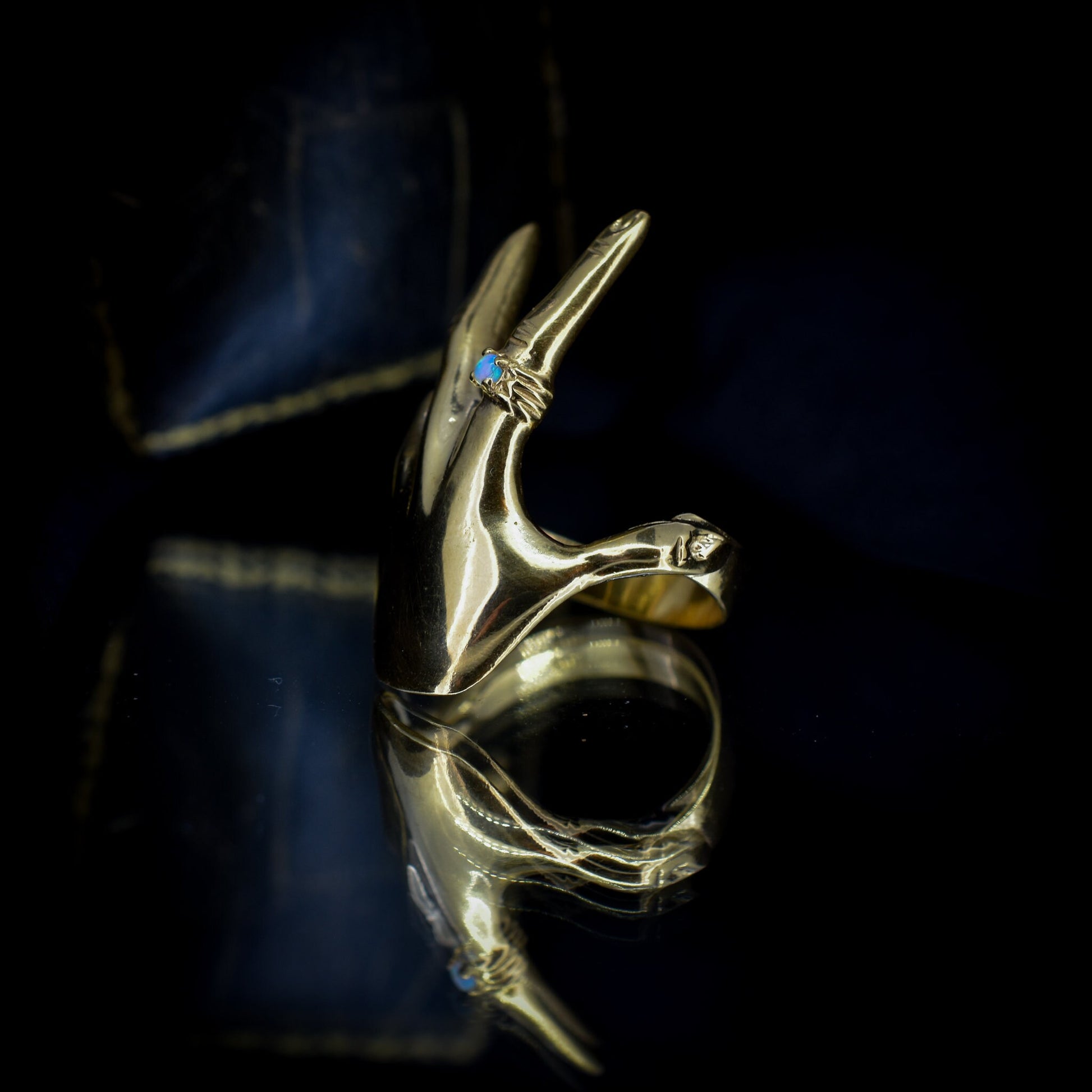 Vintage Style Opal Hand Figural 18ct Yellow Gold on Silver Dress Ring