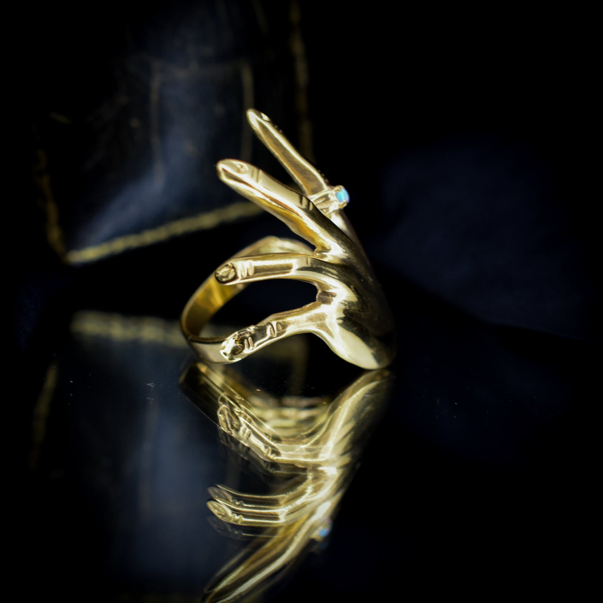 Vintage Style Opal Hand Figural 18ct Yellow Gold on Silver Dress Ring