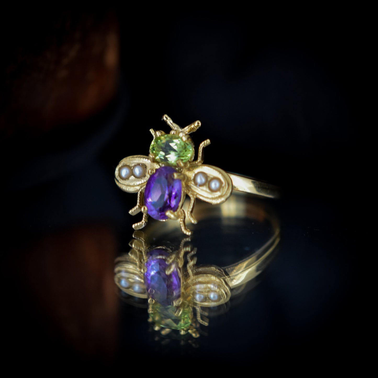 Amethyst Peridot and Pearl Insect Bee 18ct Yellow Gold on Silver Ring | Suffragette Colours