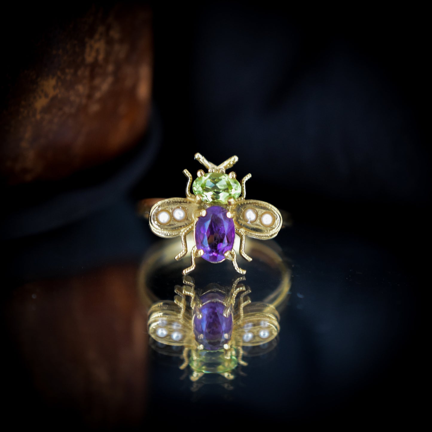 Amethyst Peridot and Pearl Insect Bee 18ct Yellow Gold on Silver Ring | Suffragette Colours