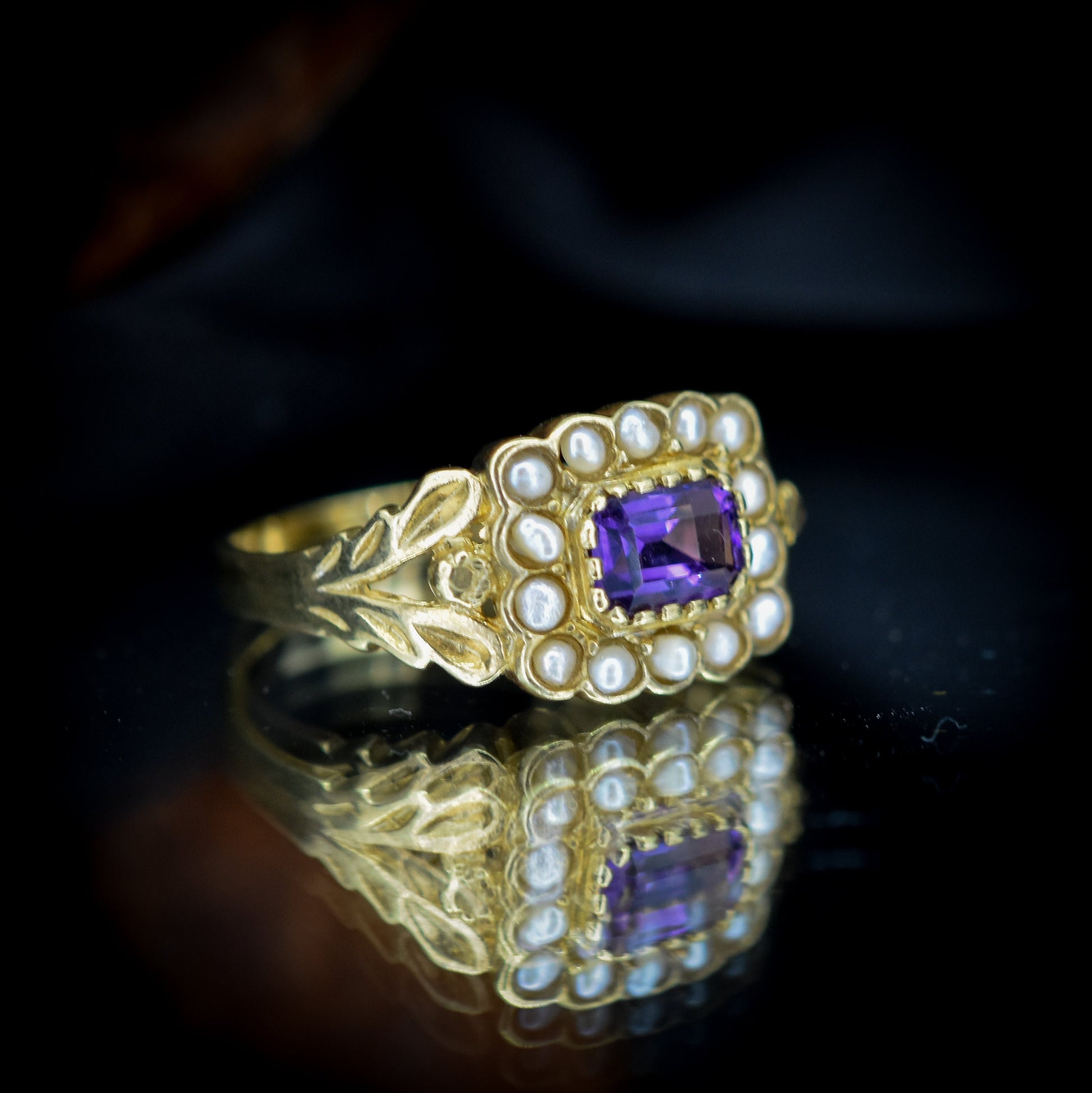 Amethyst and Pearl Cluster Halo 18ct Yellow Gold Gilded Ring