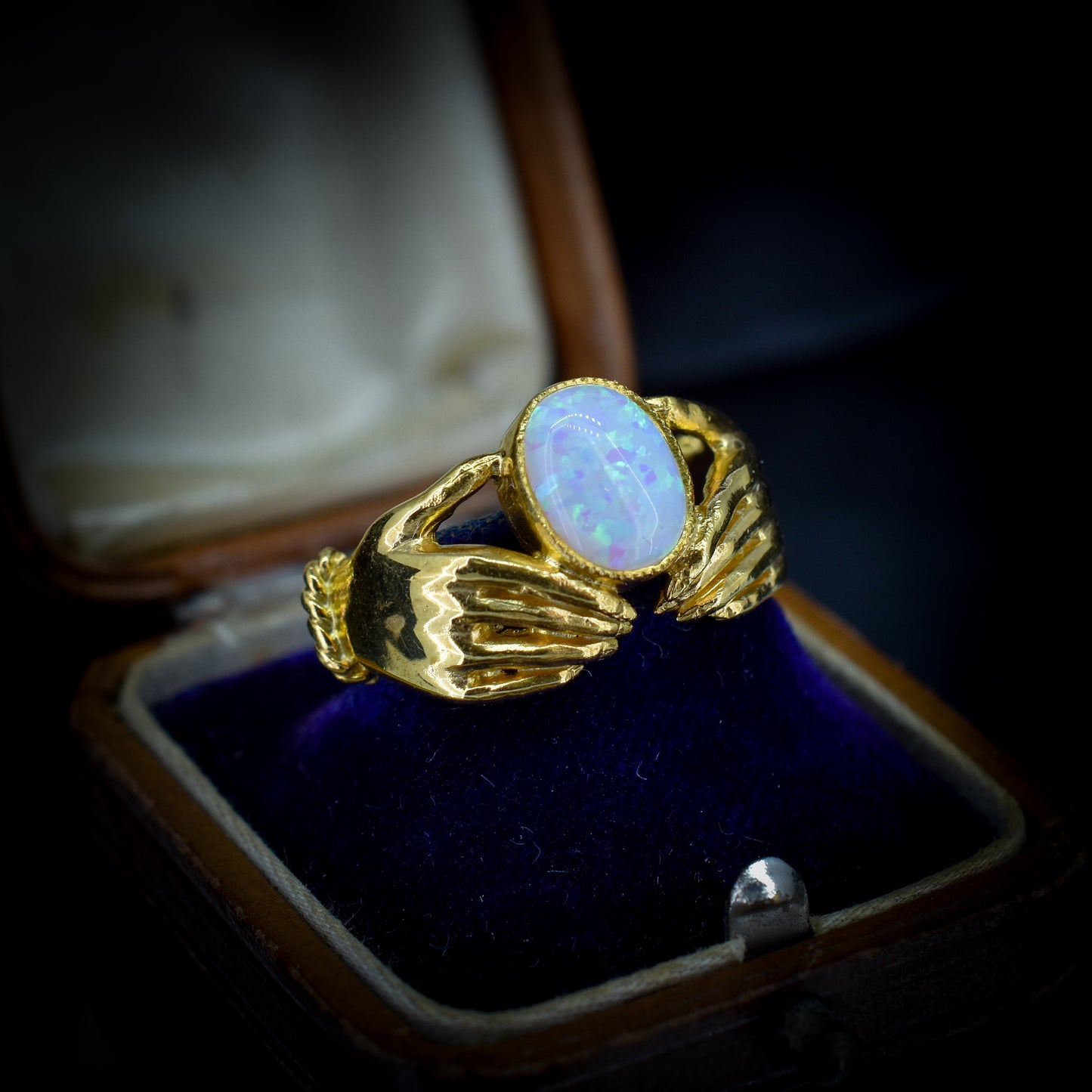 Opal Claddagh Hand 18ct Yellow Gold Gilded Silver Ring