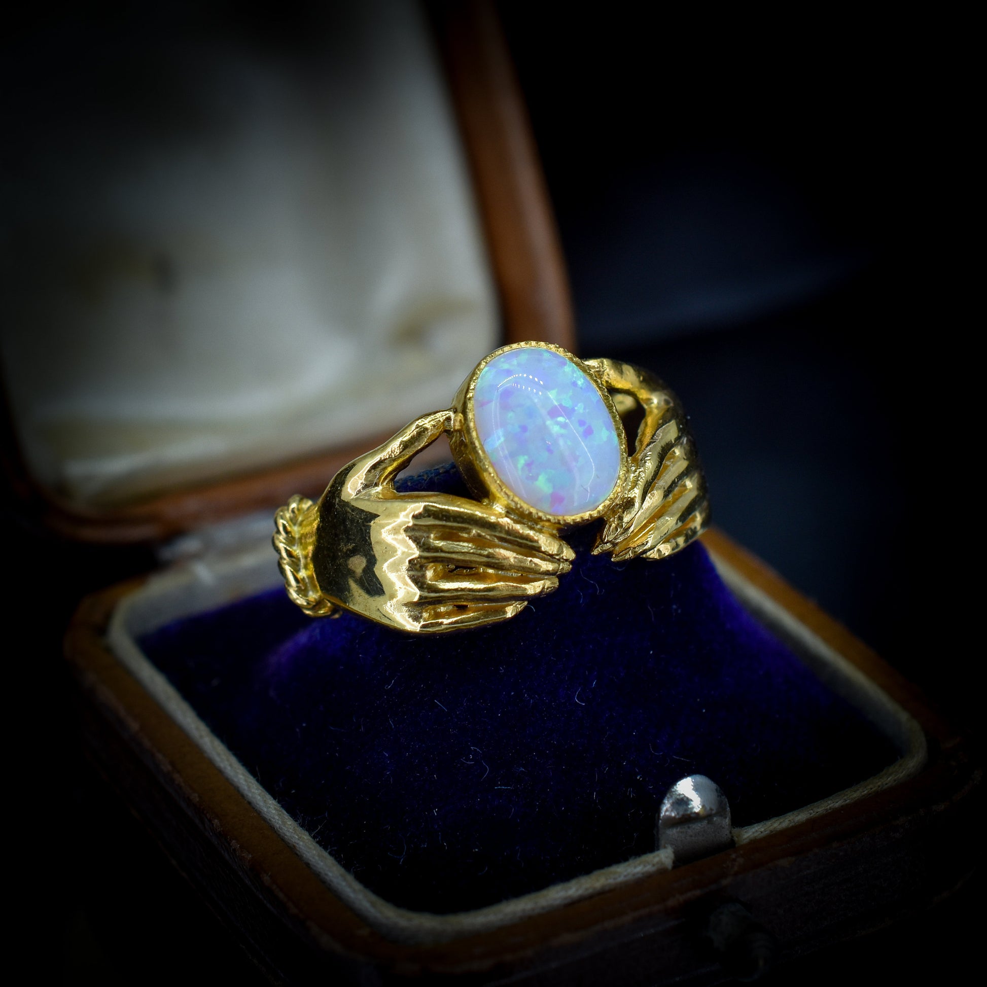 Opal Claddagh Hand 18ct Yellow Gold Gilded Silver Ring