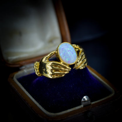 Opal Claddagh Hand 18ct Yellow Gold Gilded Silver Ring