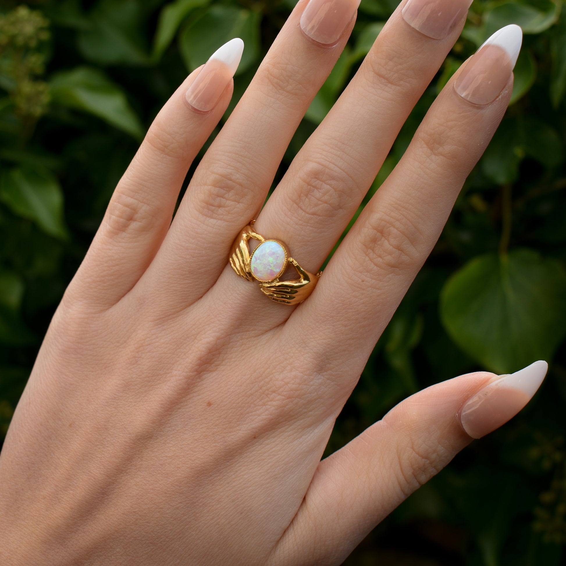 Opal Claddagh Hand 18ct Yellow Gold Gilded Silver Ring