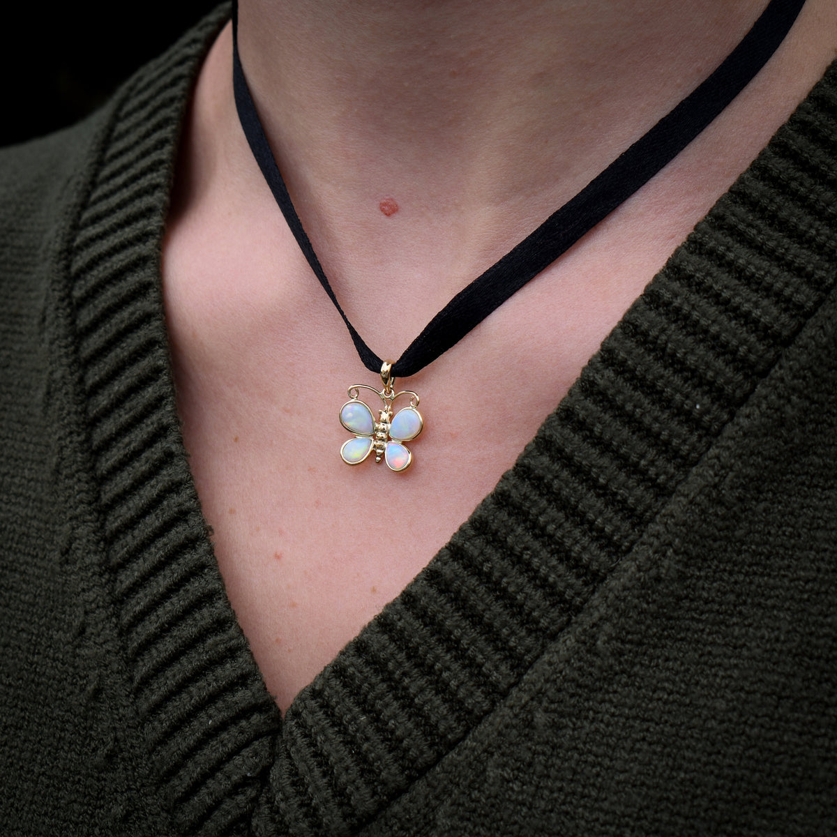 Natural Opal Butterfly 9ct Yellow Gold Pendant Charm