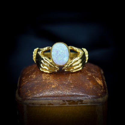 Opal Claddagh Hand 18ct Yellow Gold Gilded Silver Ring