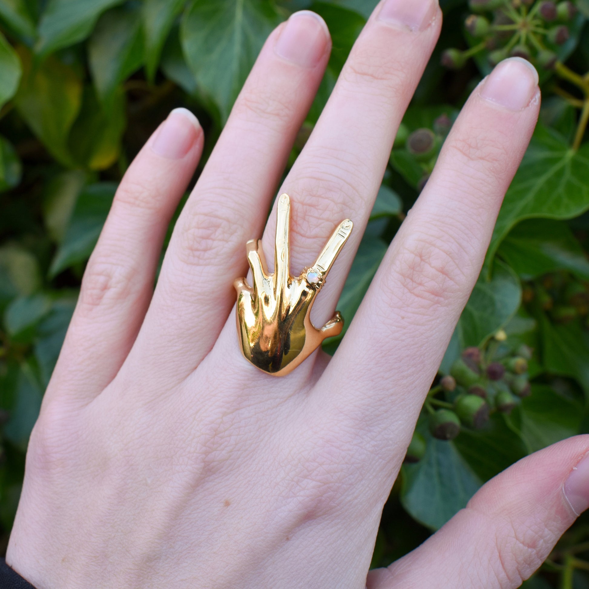 Vintage Style Opal Hand Figural 18ct Yellow Gold on Silver Dress Ring