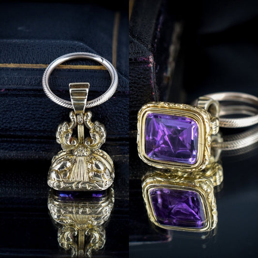 Antique Amethyst Large Gold Cased Ornate Fob Seal Pendant with Large Split Ring