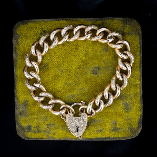 Antique 15ct Gold Heart Padlock Fancy Curb Bracelet