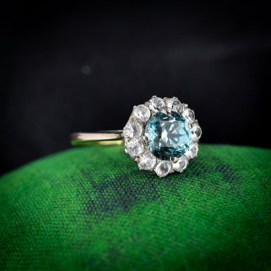 Antique Blue Zircon and White Sapphire 9ct Gold Cluster Halo Ring