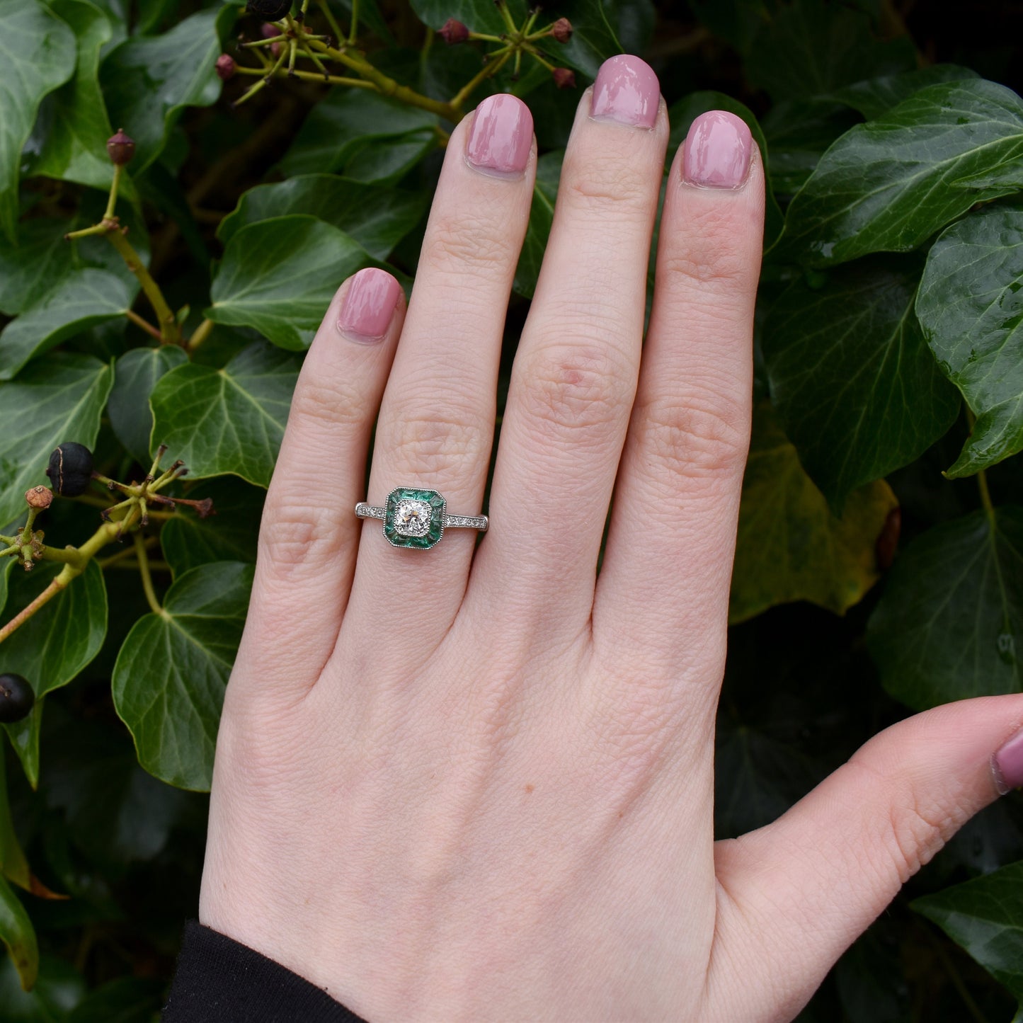 Emerald and Old Cut Diamond Cluster Halo Platinum Ring | Engagement | Art Deco Style