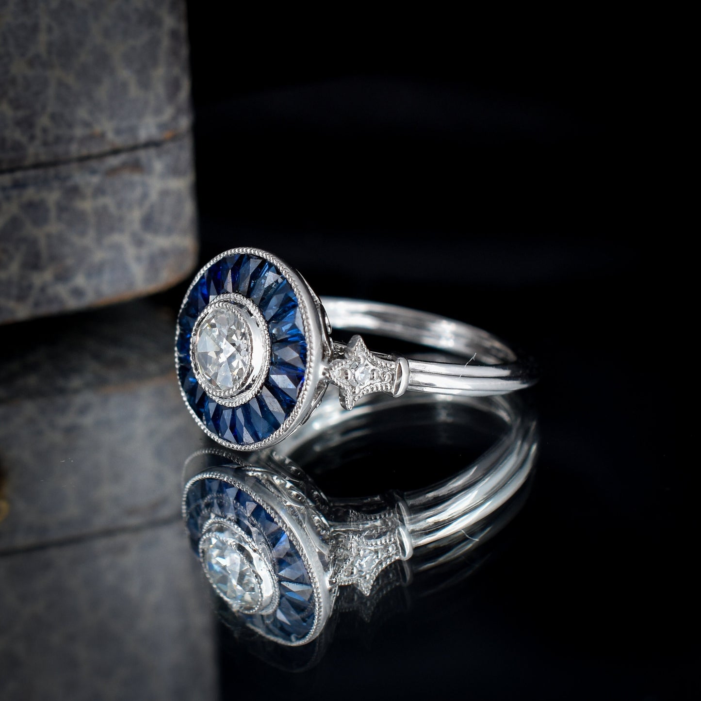 Art Deco Style Blue Sapphire and Diamond Round Target Platinum Ring | .52ct Centre
