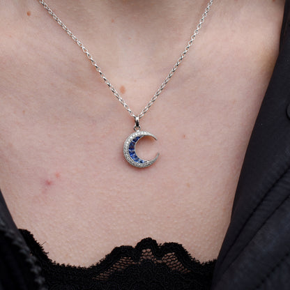 Antique Style Diamond and Sapphire Crescent Moon Platinum Pendant