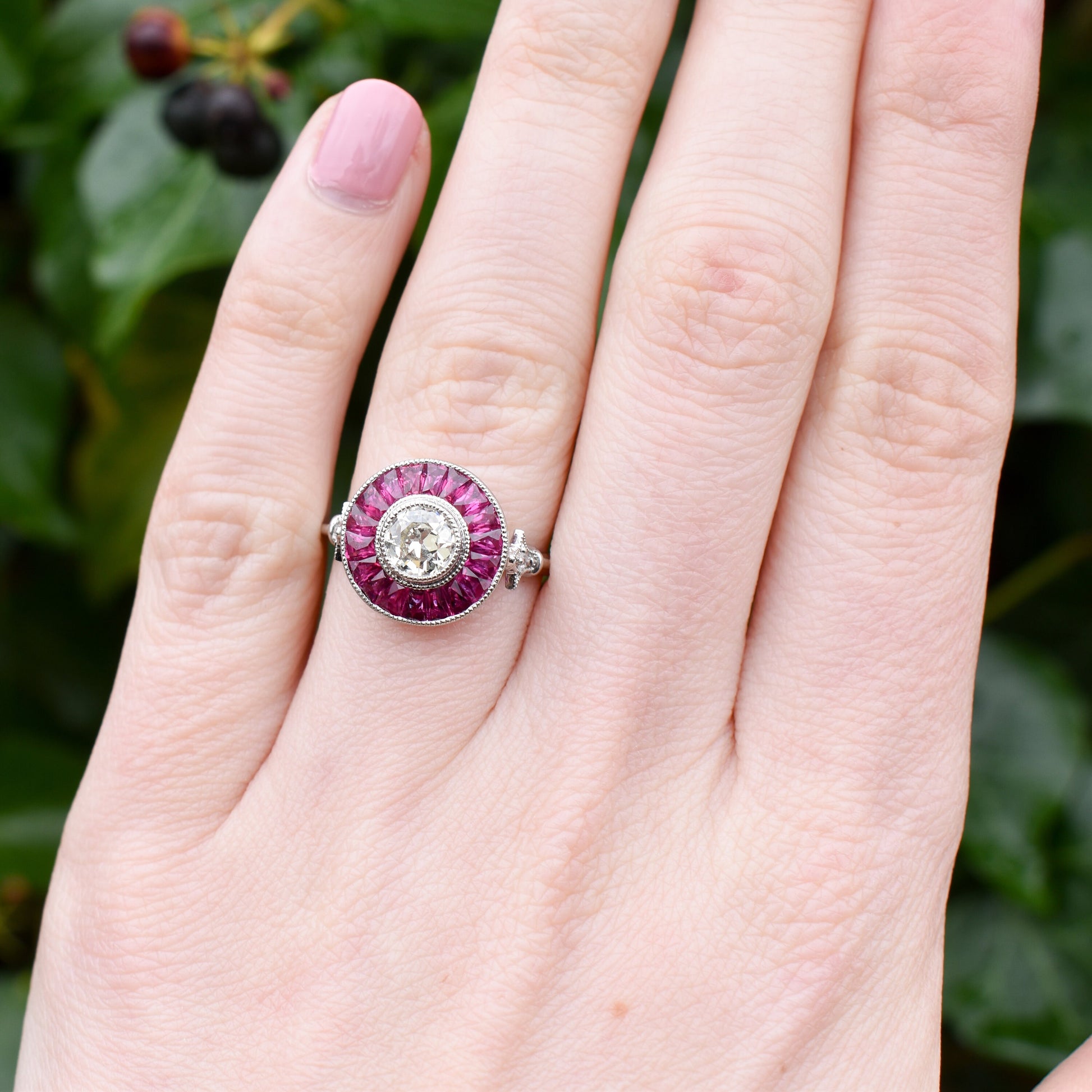 Art Deco Style Ruby and Old Cut Diamond Platinum Target Halo Ring