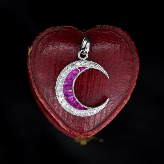 Antique Style Diamond and Ruby Crescent Moon Platinum Pendant