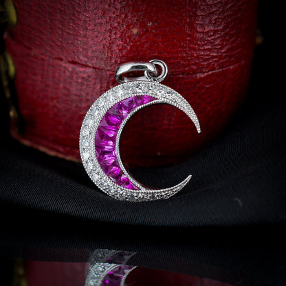 Antique Style Diamond and Ruby Crescent Moon Platinum Pendant